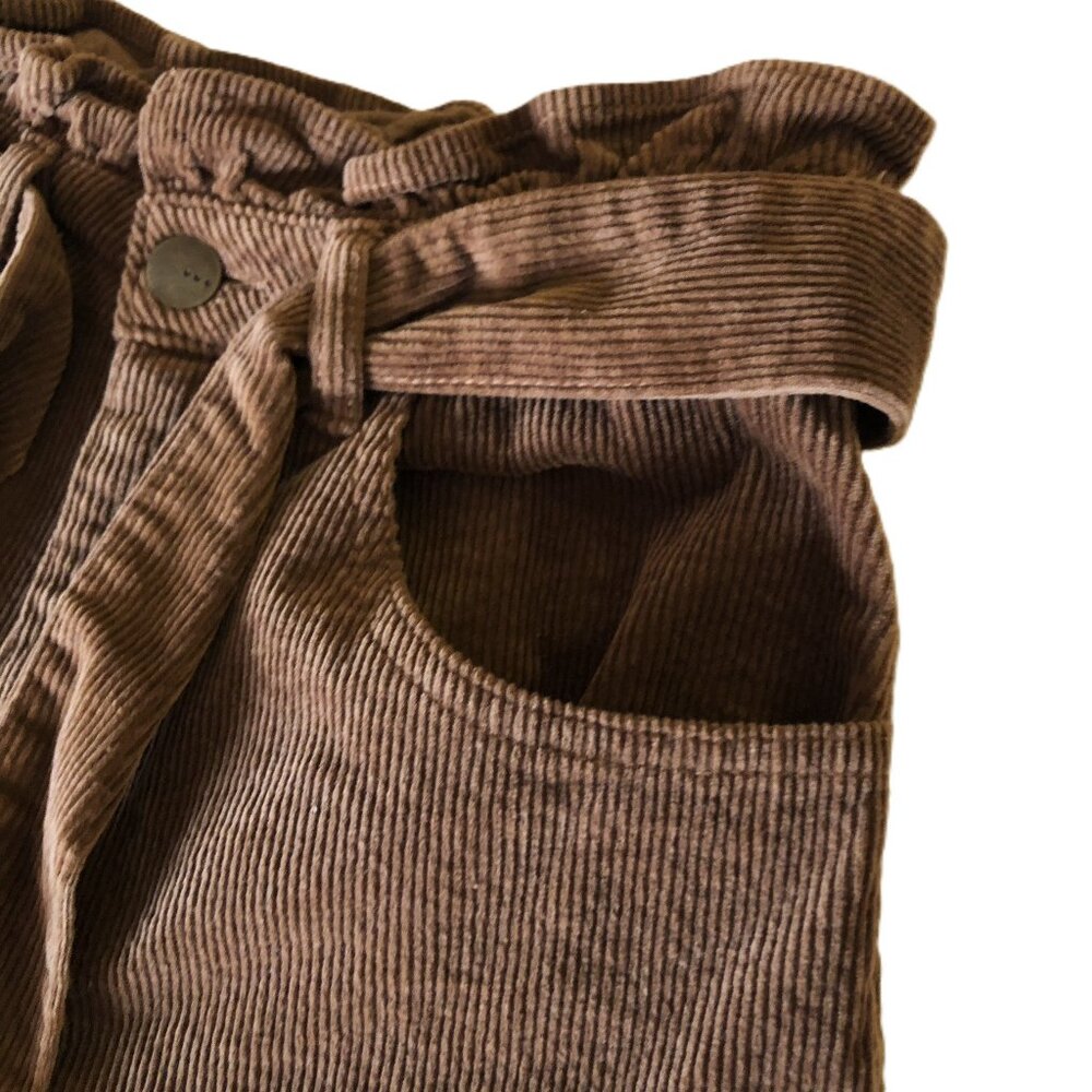 Tgla Corduroy Wide Leg Pants Belted Size XS W26 Paper bag Brown 4 Pockets - Picture 2 of 16